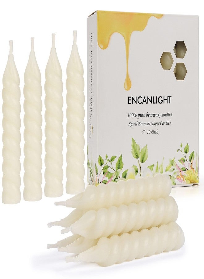 ENCANLIGHT Beeswax Taper Candles, 5 Inch Spiral Tapered Candles 10 Pack, 0.78" Diameter Ivory Natural Bees Wax Candlesticks, 4.5 Hours Long Lasting - Smokeless and Unscented for Home Decoration, Wedding, Party - Image 1
